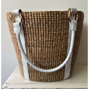 Vintage Putu by J. Maclear Large Straw Beach Tote with White Leather Handles